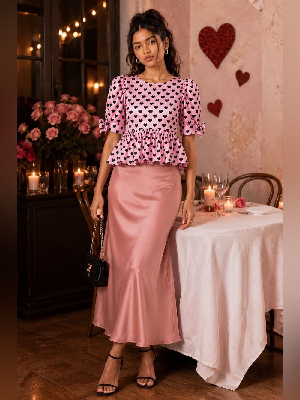 LoveShackFancy Keily Top Pink Black Heart Print Peplum Puff Sleeve Blouse Sz 6 - Picture 3 of 9